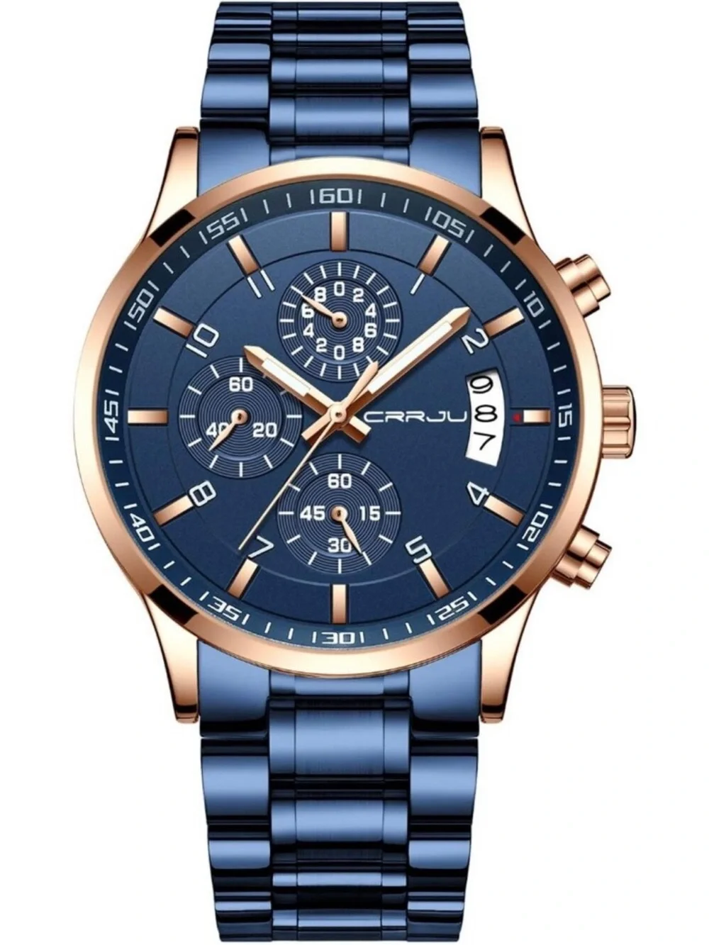 Men's Blue Rose Gold Analog Stainless Steel Waterproof Chronograph Wrist Watch